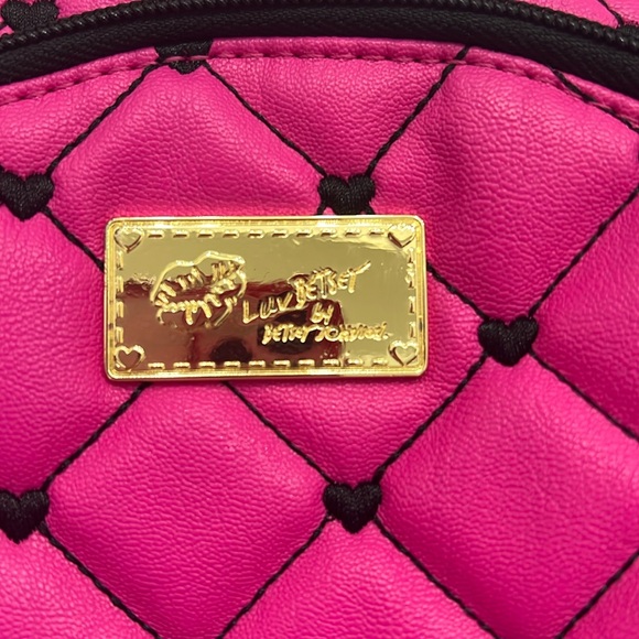 Luv Betsey Johnson Ador Mini Backpack Hot Pink Black Quilted Embroidered Hearts - Picture 2 of 9